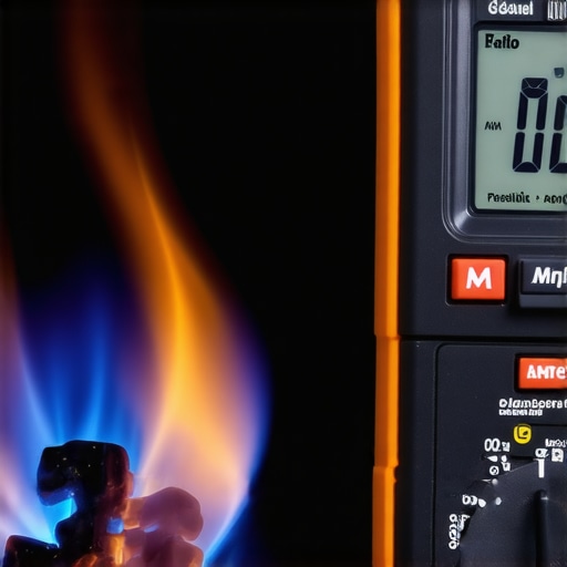 Close up of an oven igniter glowing orange while being tested with a multimeter showing amp draw.