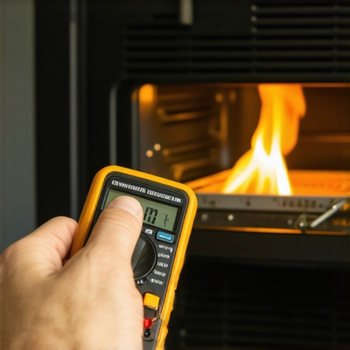 Testing Oven Igniter Amperage with Multimeter A professional technician testing the electrical current of a glowing gas oven igniter to diagnose delayed ignition.