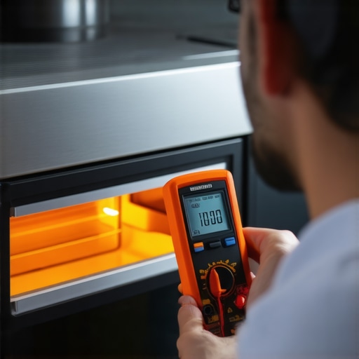 Technician checking a glowing oven igniter for proper amperage draw using a multimeter.