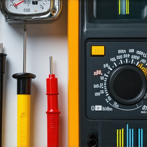 A digital multimeter testing the electrical resistance of a metallic oven temperature sensor on a workspace.
