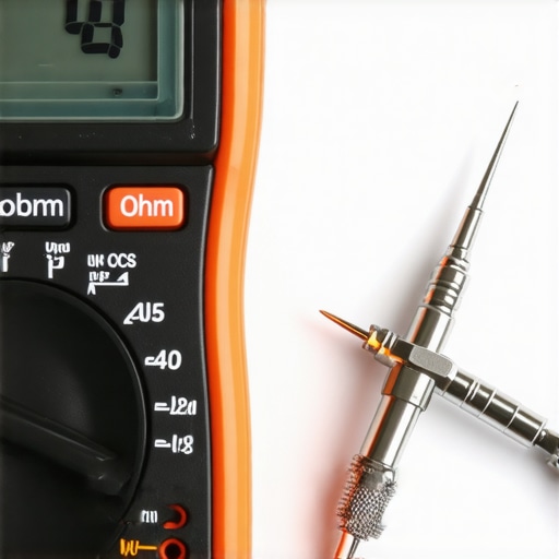 A technician using a digital multimeter to test an oven temperature sensor probe for resistance faults.