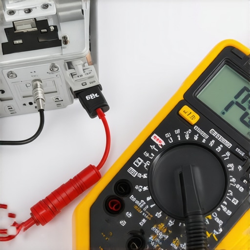 A digital multimeter testing the electrical resistance of a metal oven sensor plug on a clean table.