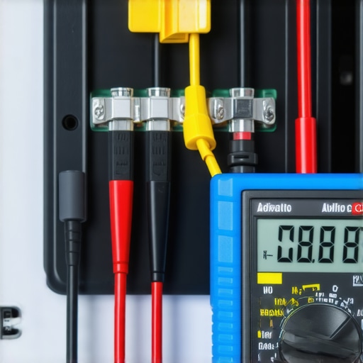 A technician using a multimeter to check the voltage supply at an oven's terminal block to diagnose slow preheating issues.