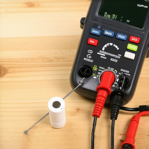 Close-up of a digital multimeter testing a thermal fuse for continuity on a workbench.