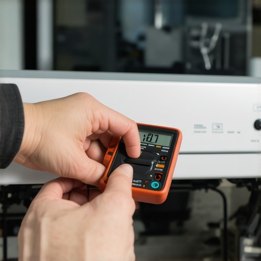 A DIY repairer testing a dishwasher water inlet valve for continuity using a multimeter tool.