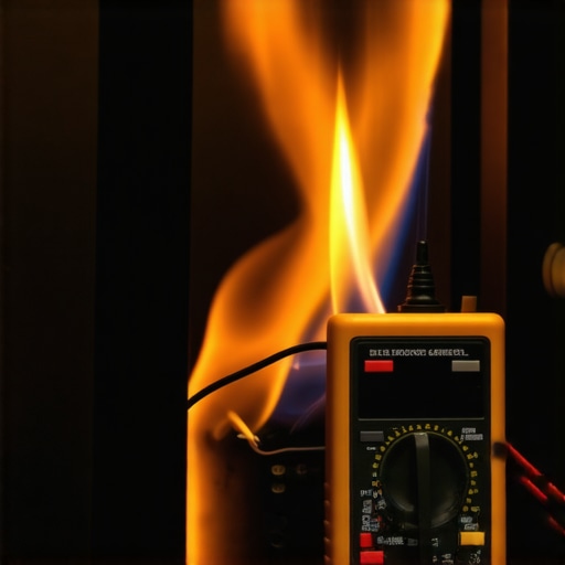 Close-up of a multimeter measuring the current of a glowing orange gas oven igniter.