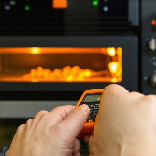 Technician using a multimeter to diagnose a glowing but faulty gas oven igniter.