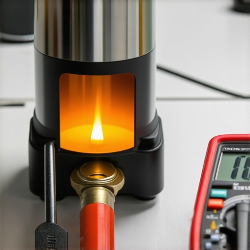 A technician using a multimeter to check the amperage of a glowing gas oven igniter to diagnose a heating failure.
