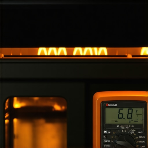 A glowing gas oven igniter being tested for amperage to diagnose heating issues.