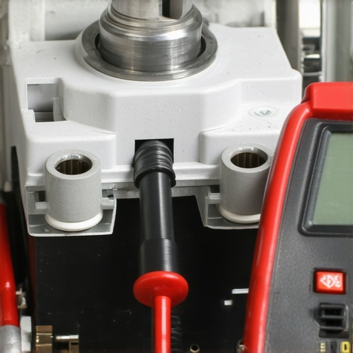 Close up of a multimeter testing the terminals of a dishwasher pump motor.