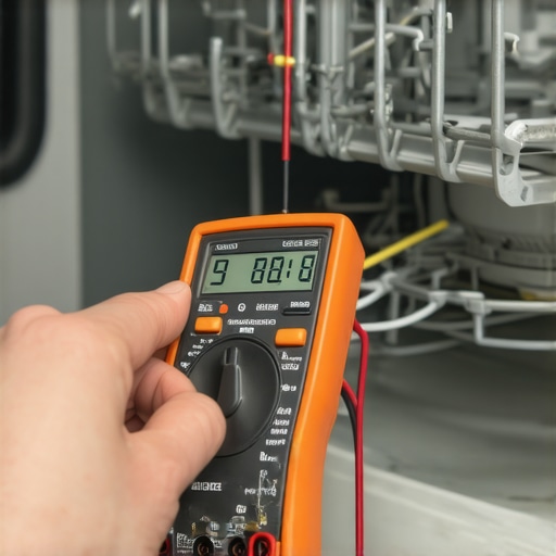 Close-up of a multimeter testing a dishwasher high-limit thermostat for continuity under the tub.