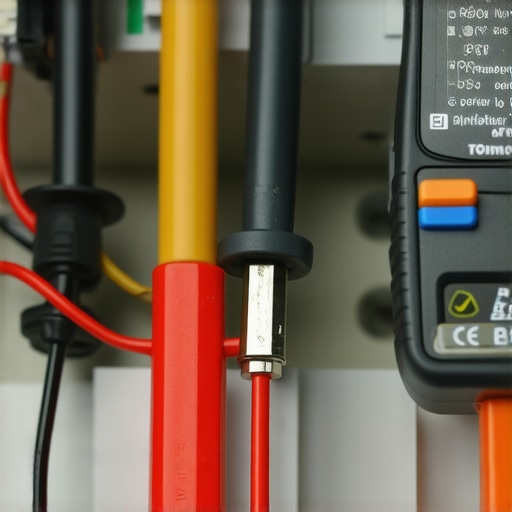 A technician using a multimeter to test a small white thermal fuse inside a dishwasher's internal components.