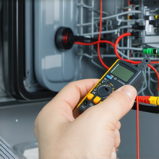 Close-up of a person testing a dishwasher pressure switch for continuity using a multimeter.