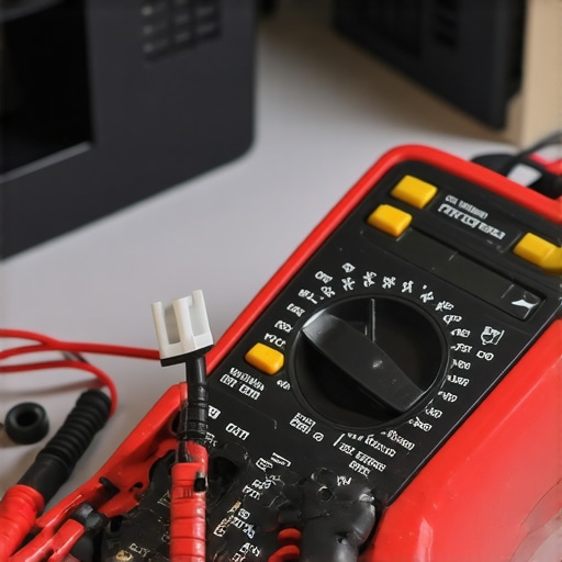 Close up of a multimeter probing a thermal fuse for continuity.