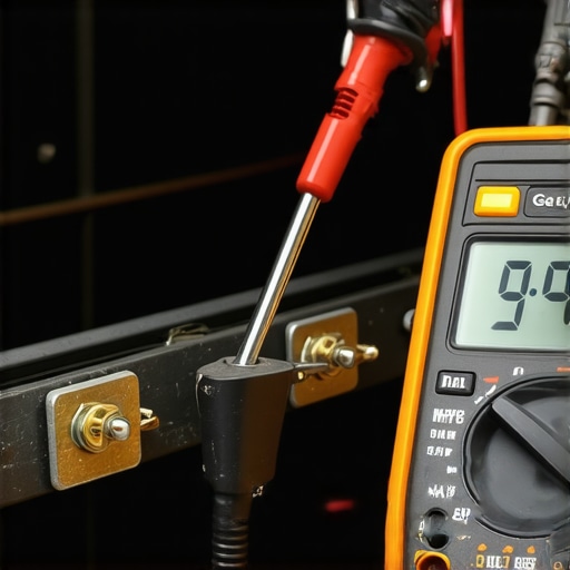 A close-up view of a technician using a multimeter to check the resistance of an oven heating element terminals.