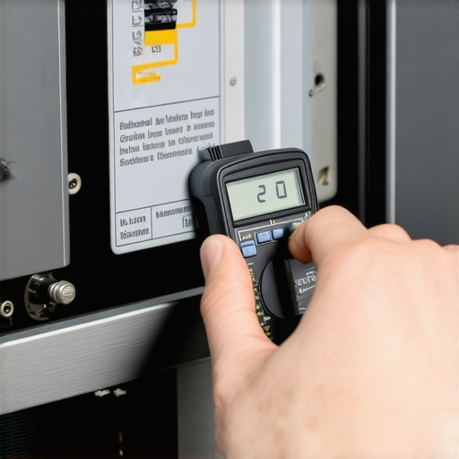 Hands using multimeter probes on a small metal oven thermostat for continuity.