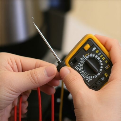 A person using a digital multimeter to check the Ohm resistance of a metal oven temperature sensor.