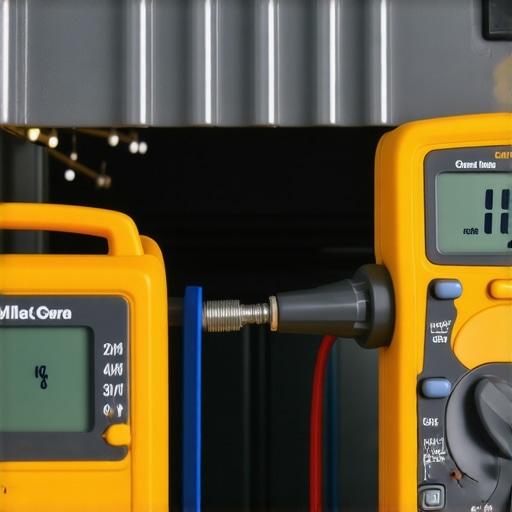 A technician using a multimeter to diagnose a faulty oven temperature sensor inside a kitchen range.