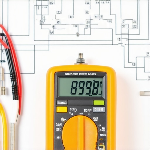 A technician using a digital multimeter to measure the resistance of an oven temperature sensor probe on a clean workbench.