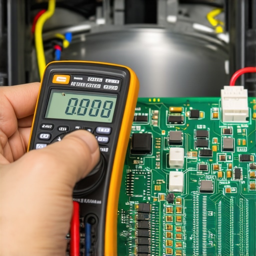 A digital multimeter testing a thermal fuse next to an oven control board to diagnose power issues.