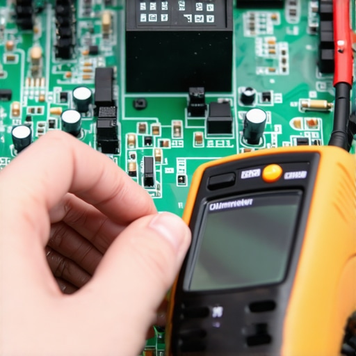 Testing an oven control board relay with a multimeter Close up of a multimeter probe touching a relay on an oven control board for diagnostics.