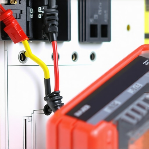 Close-up of a multimeter probe testing an oven control board relay terminal for voltage.