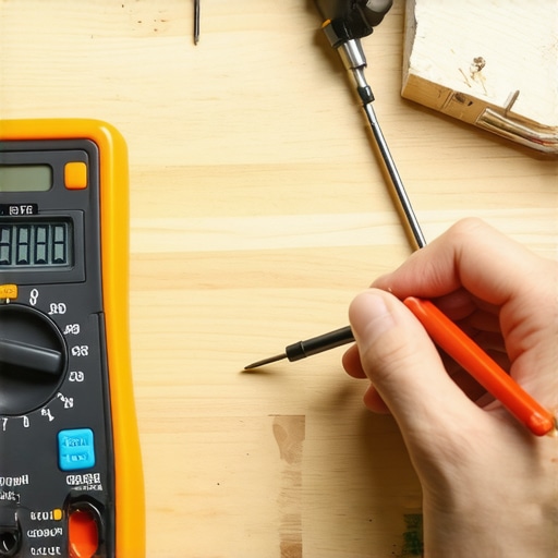 A technician testing the resistance of a metal oven sensor using a digital multimeter on a workbench.