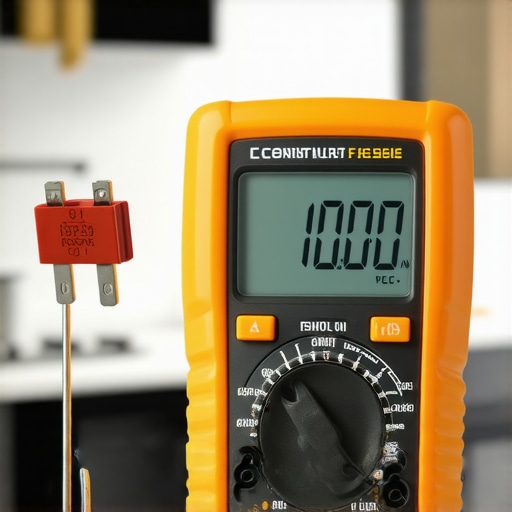 A technician uses a digital multimeter to check for continuity on a white ceramic oven thermal fuse.