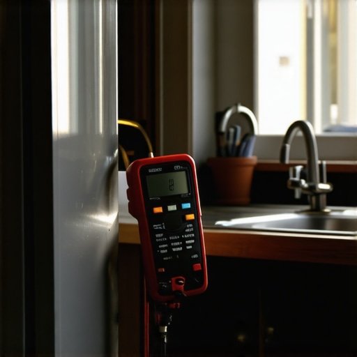 A close-up of a technician using a multimeter to test an oven heating element terminal while it is disconnected from the circuit.