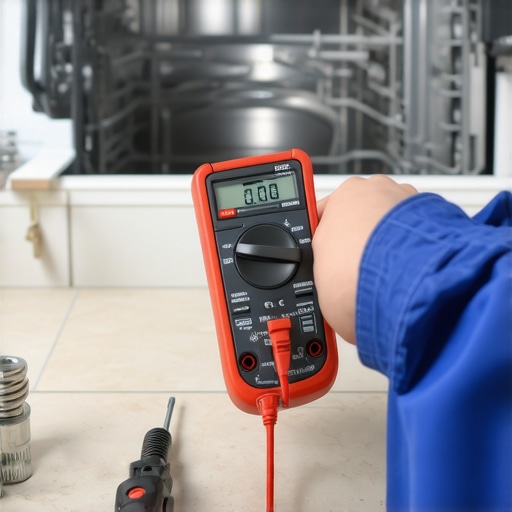 A person using a multimeter to diagnose a dishwasher fault