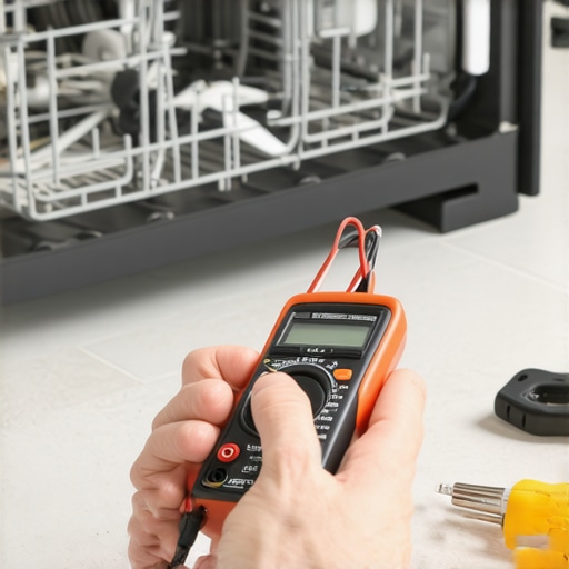 A DIY repair step showing a multimeter testing a dishwasher water inlet valve.