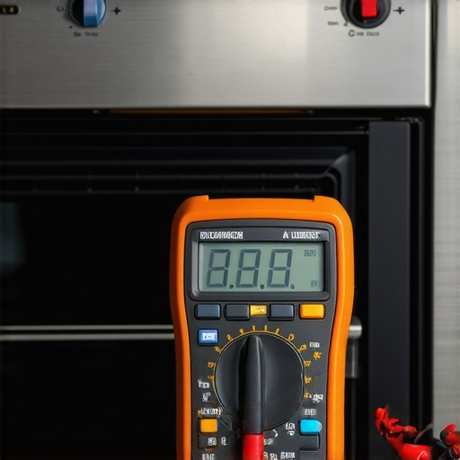A technician using a multimeter to check for faults in an oven heating element.