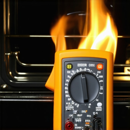 A technician using a multimeter to diagnose a faulty gas oven igniter.