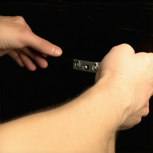 Hands unlocking the metal latch on an oven door hinge for removal