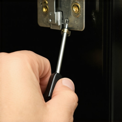 A close-up view showing how to engage the safety locking tabs on a kitchen oven door hinge before removal.