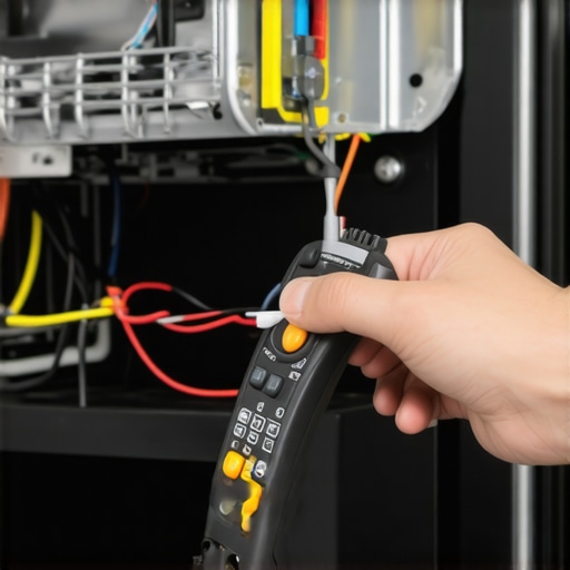 A person testing dishwasher heating element terminals with a multimeter to diagnose heating issues.