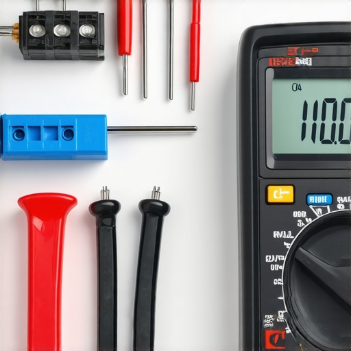 Close up of a digital multimeter testing dishwasher parts for continuity.