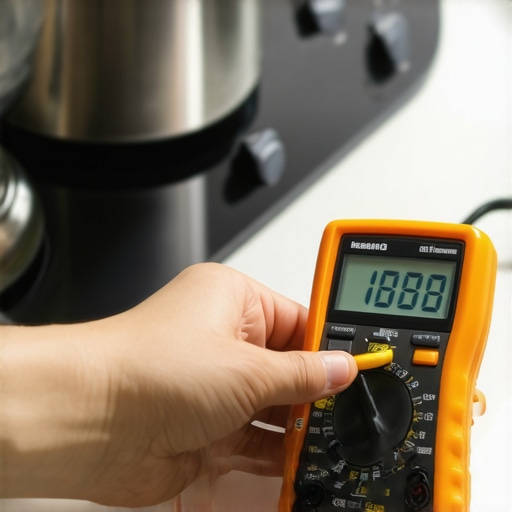 A technician testing an oven temperature sensor with a digital multimeter to identify faults.
