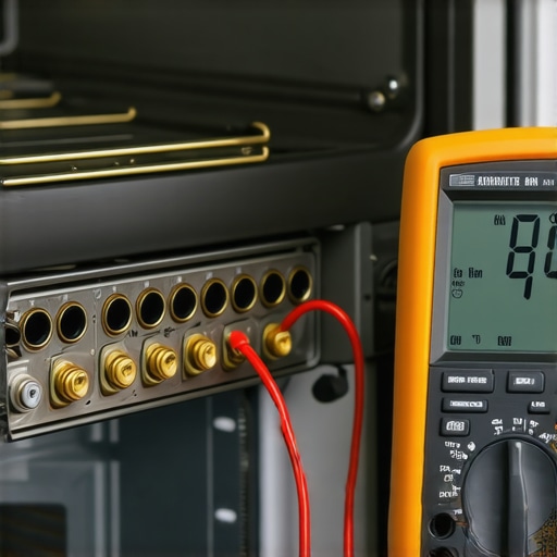 A digital multimeter being used to test the continuity of an oven heating element on a workbench.