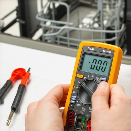 Using a Multimeter for Dishwasher Diagnostics Technician using a digital multimeter to test a dishwasher heating element for electrical resistance.