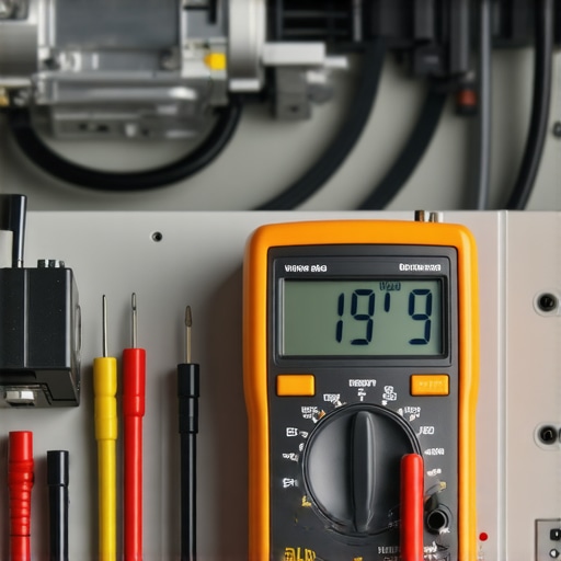 Close up of a technician using a digital multimeter to test a dishwasher circulation pump for continuity.