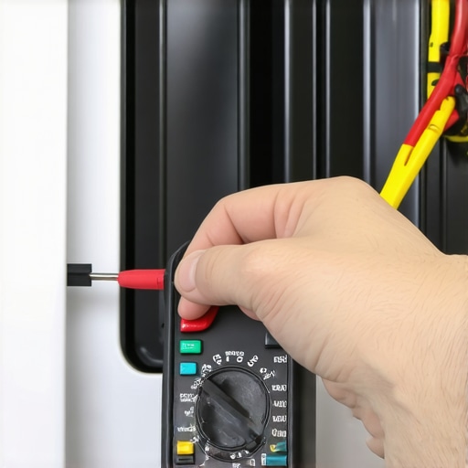 A close-up of a multimeter testing a dishwasher heating element for resistance.