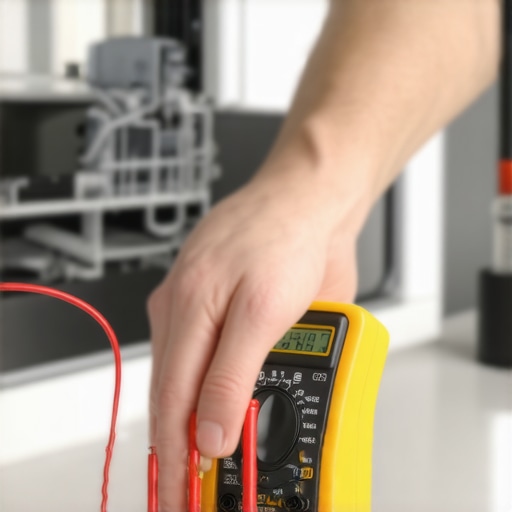 Hand holding multimeter probes against a dishwasher electrical part
