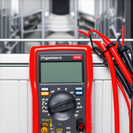 A digital multimeter testing a dishwasher heating element for continuity and resistance.