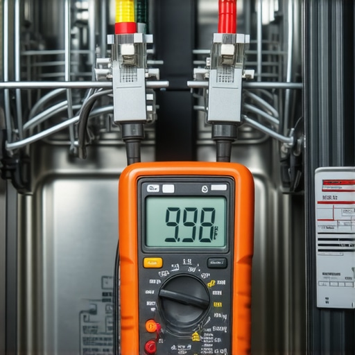 Close-up of a digital multimeter testing a dishwasher heating element for continuity.