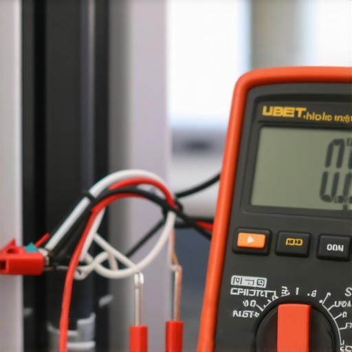 A technician using a digital multimeter to test a dishwasher heating element for resistance and continuity.