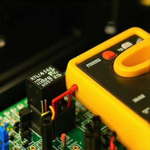 Close-up of a multimeter testing an oven control board relay to check for failure