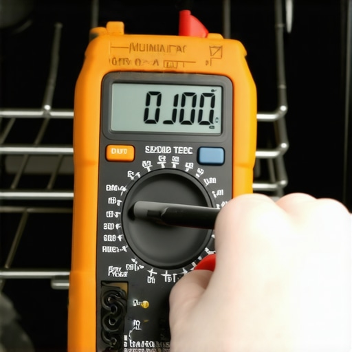 A digital multimeter measuring the resistance of an oven sensor to ensure accurate temperature calibration.