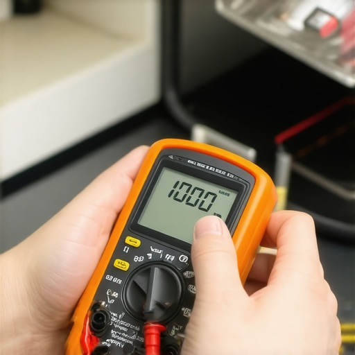 A homeowner using a digital multimeter to check the resistance of a kitchen oven control board.