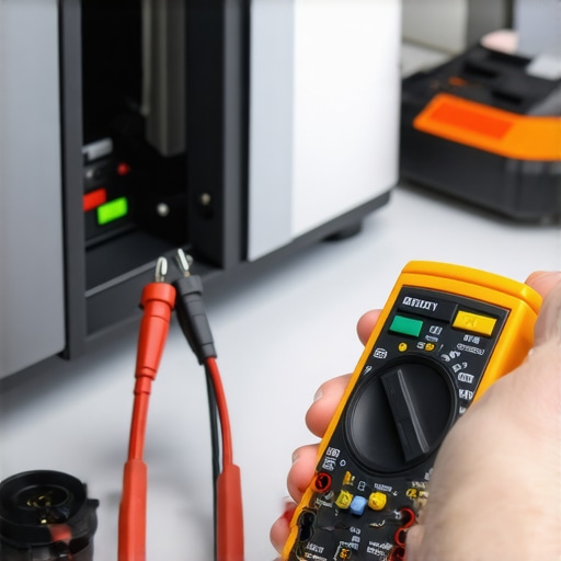 A person using a digital multimeter to test an oven part for continuity and resistance.